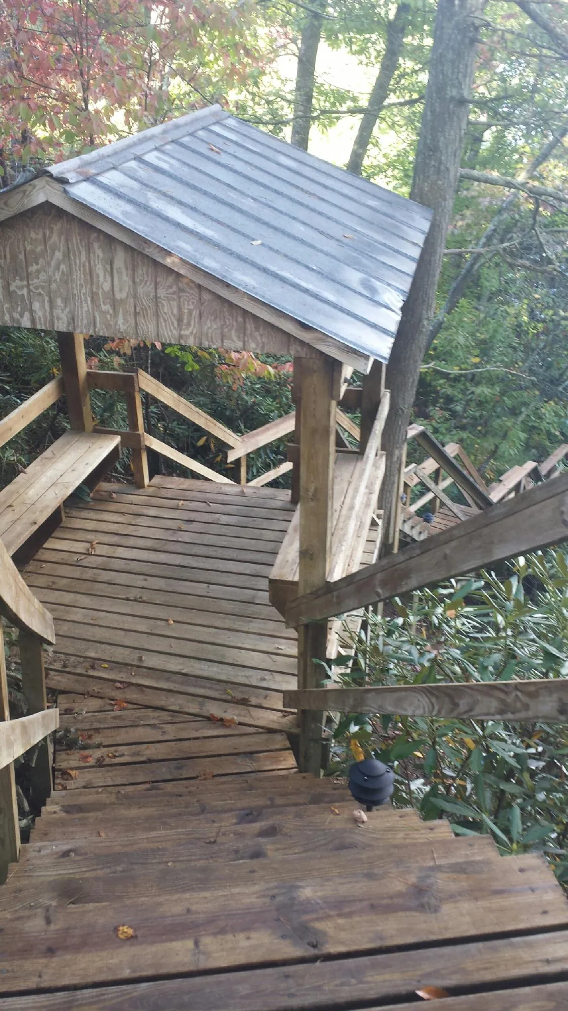 Metal roofed shelter over wooden steps on a wooded walkway — Skylight Repair & Installation work by our crew in Rufus